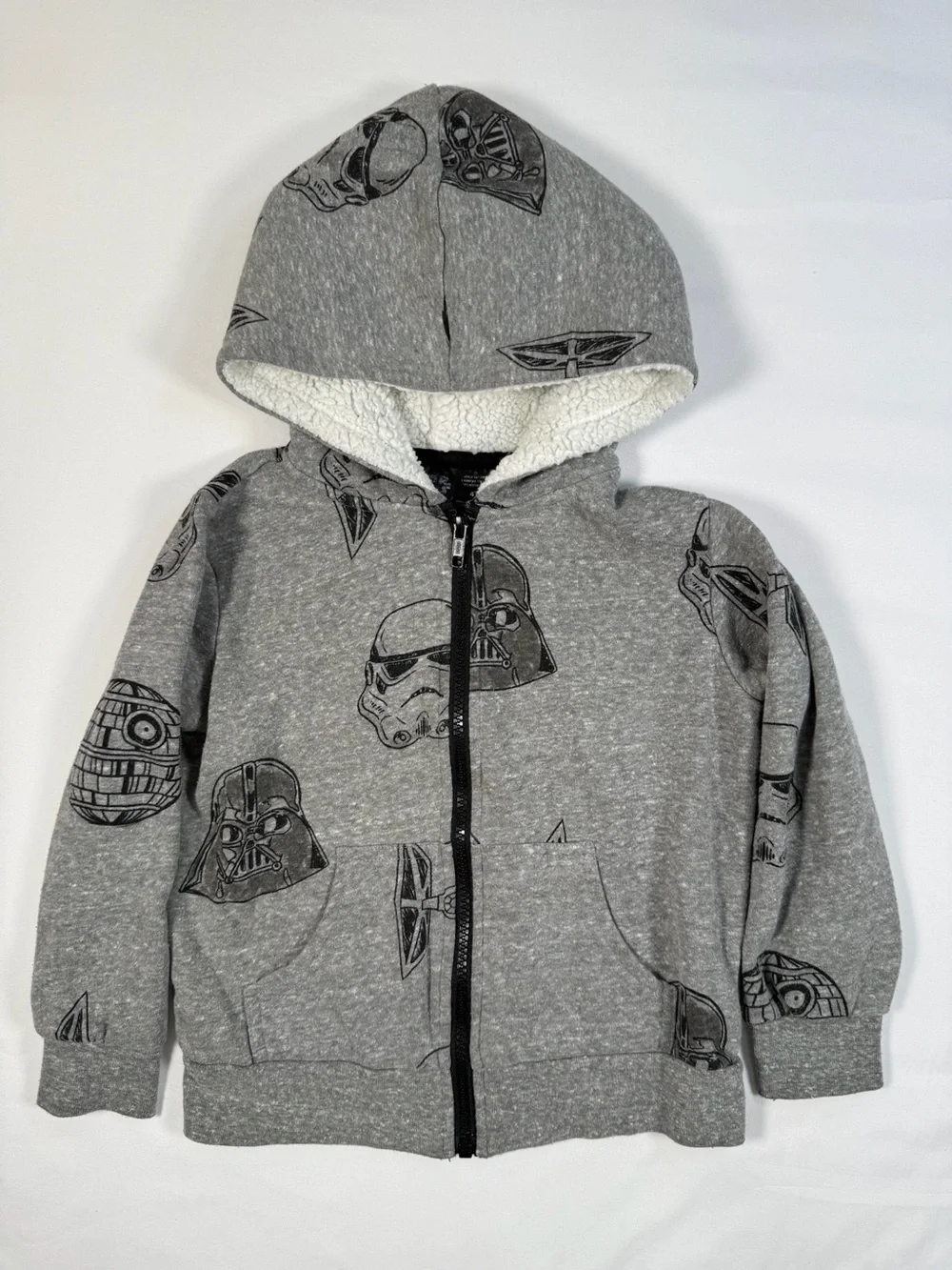 STAR WARS Boys Hoodie Jacket 4T Gray Graphic Sherpa Lined Cozy Streetwear